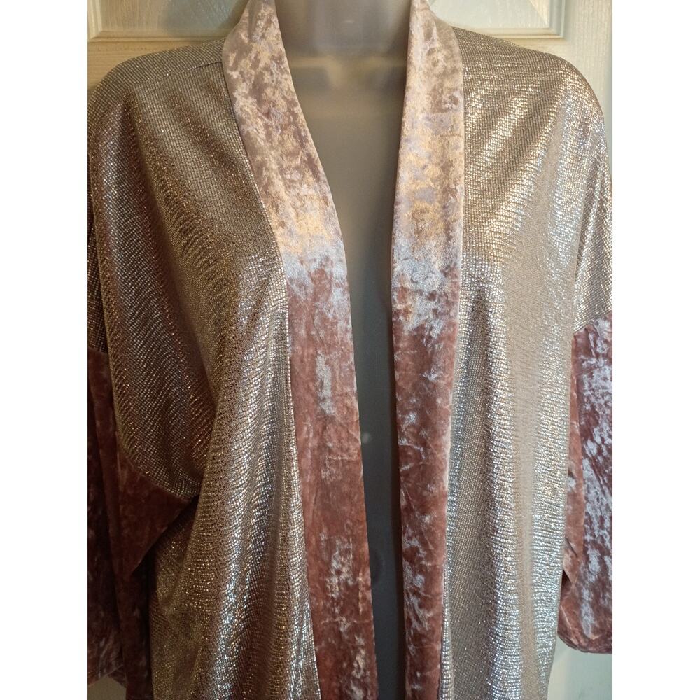 Libby Story Open Cardigan Silver Sequin Pink Velvet Trim Sz L Holiday Boho
